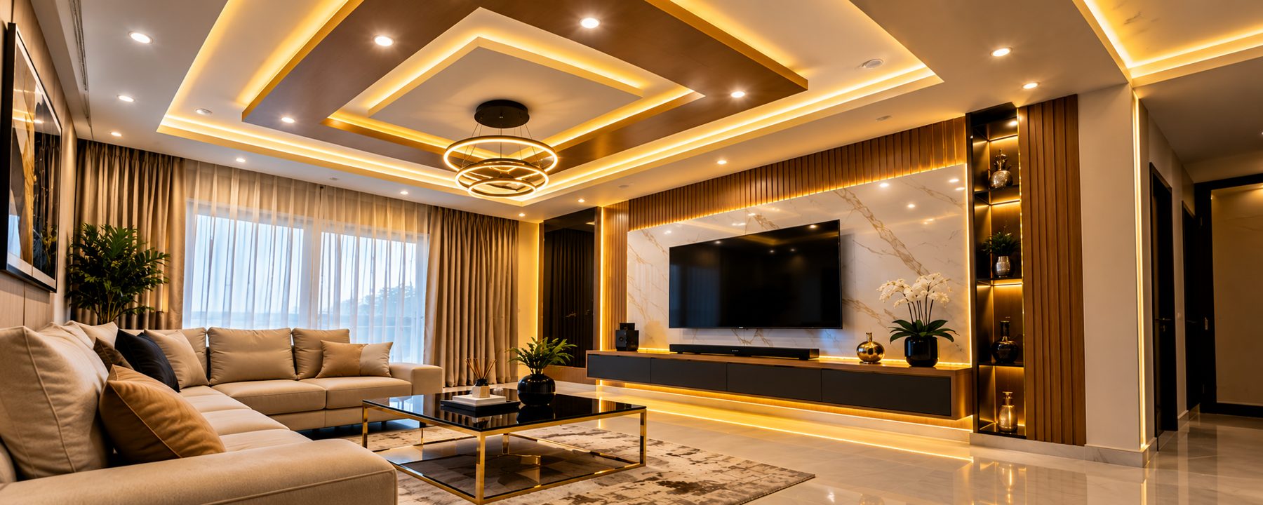 Luxury living room with a lit ceiling and floating TV unit